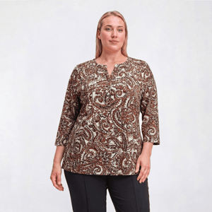 Plus Size Napa Valley 3/4 Sleeve Paisley Split Neck Knit Blouse
